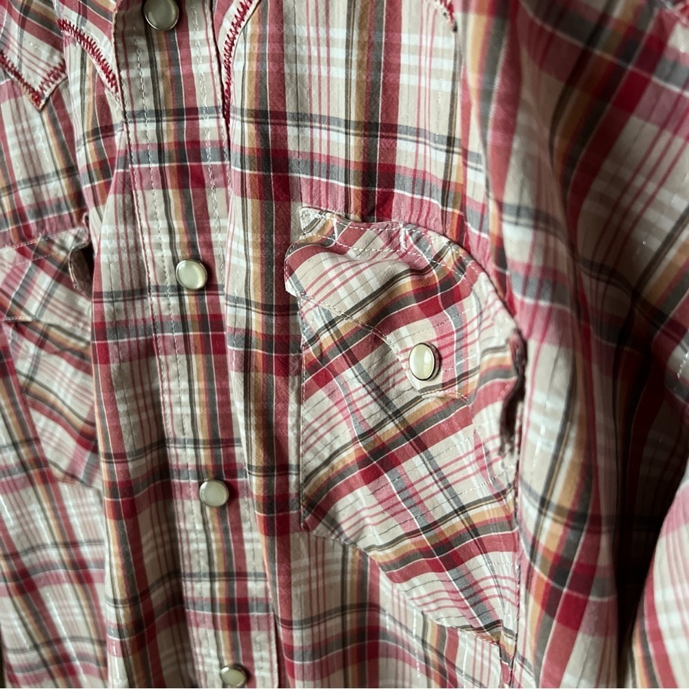 Wrangler Mens Short Sleeve Snap Close Red/white/orange/silver Plaid Shirt Sz XL - Picture 7 of 16